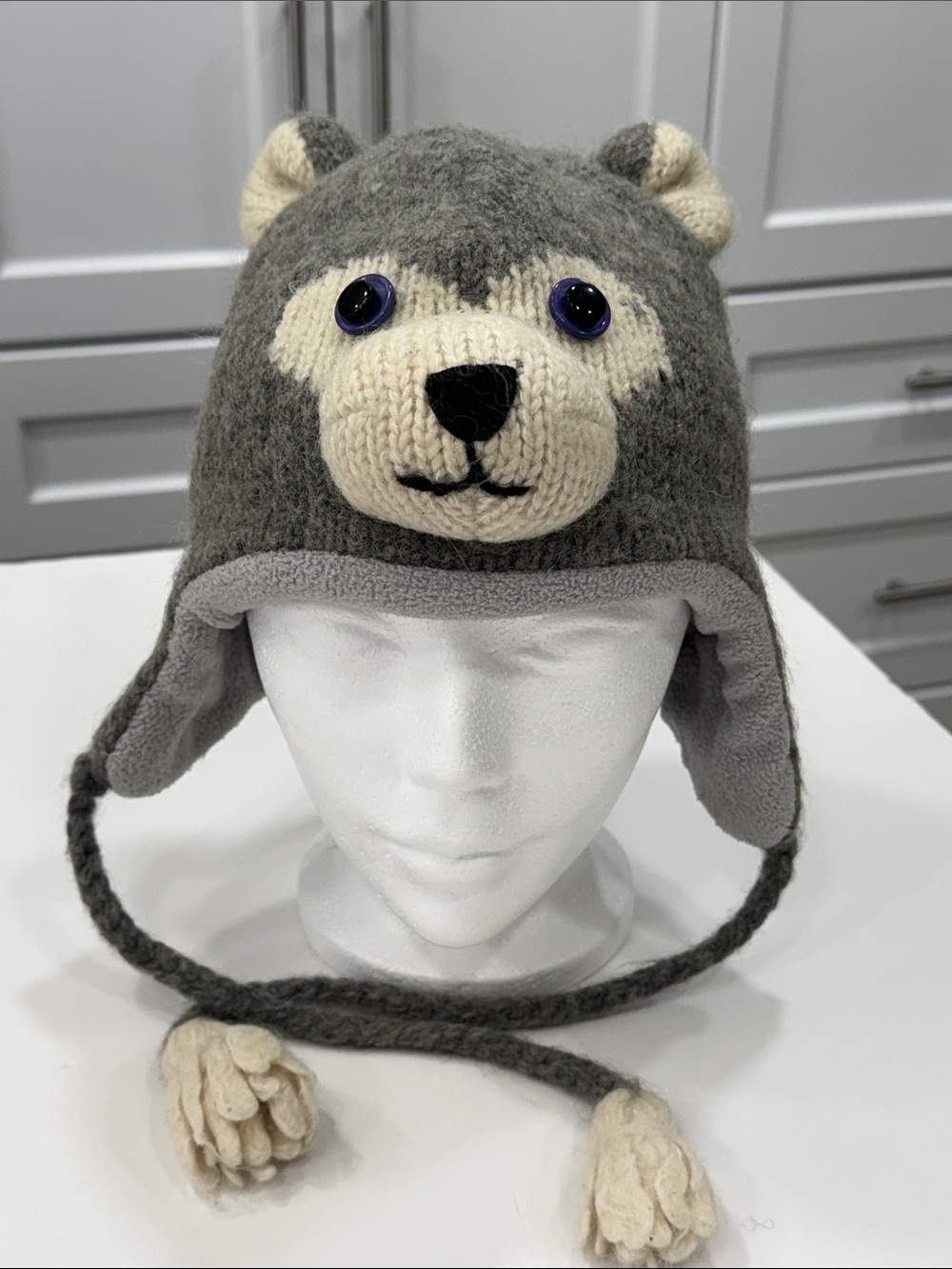 Knitwits Hand Made Gray Animal Beanie Hat w/ Ear Flaps | Wool Blend